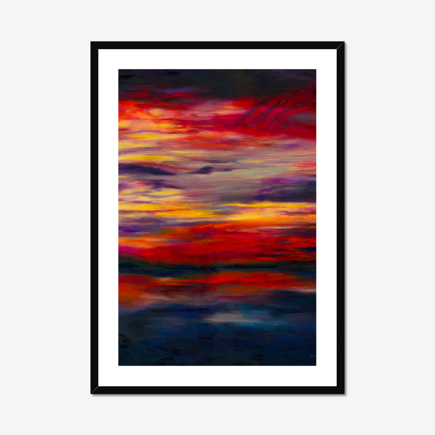 'Midnight Embers' - Vibrant sunset artwork fine art print in burning crimson and vivid yellow against deep navy charcoal — dark abstract wall art with extraordinary depth and drama, by Kate Shephard Art.
