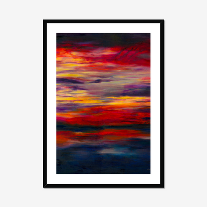 'Midnight Embers' - Vibrant sunset artwork fine art print in burning crimson and vivid yellow against deep navy charcoal — dark abstract wall art with extraordinary depth and drama, by Kate Shephard Art.