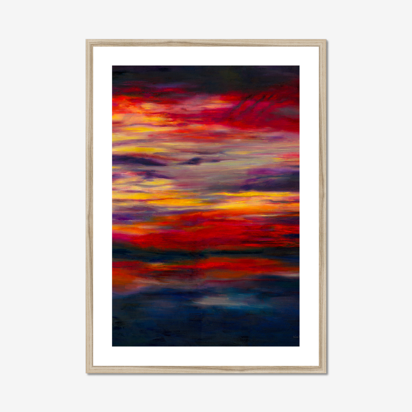 'Midnight Embers' - Dramatic sunset artwork in burning crimson and vivid yellow against deep navy — dark abstract wall art fine art print with real emotional power and presence, by Kate Shephard Art.