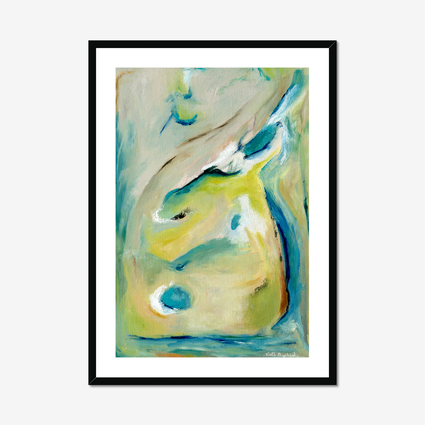 True Colours abstract art print inspired by peacocks by Kate Shephard Art in a black frame