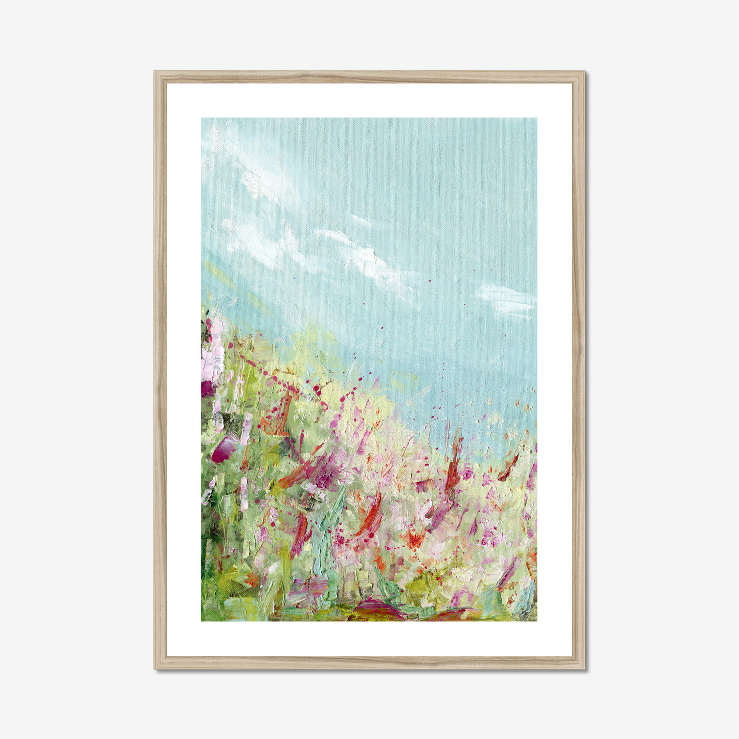 A1 Colours of the field print by Kate Shephard Art in a natural wood frame