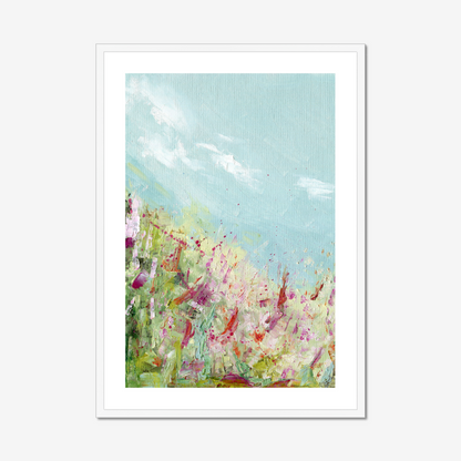 A1 Colours of the field print by Kate Shephard Art in a white wood frame