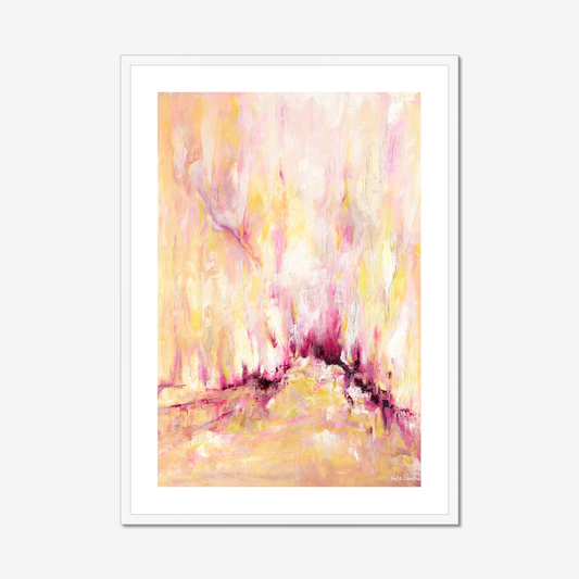 'Rising' - Pink and yellow abstract art print on archival paper, with expressive vertical brushwork in warm golden tones and deep magenta — inspirational wall art with real emotional depth, by Kate Shephard Art.