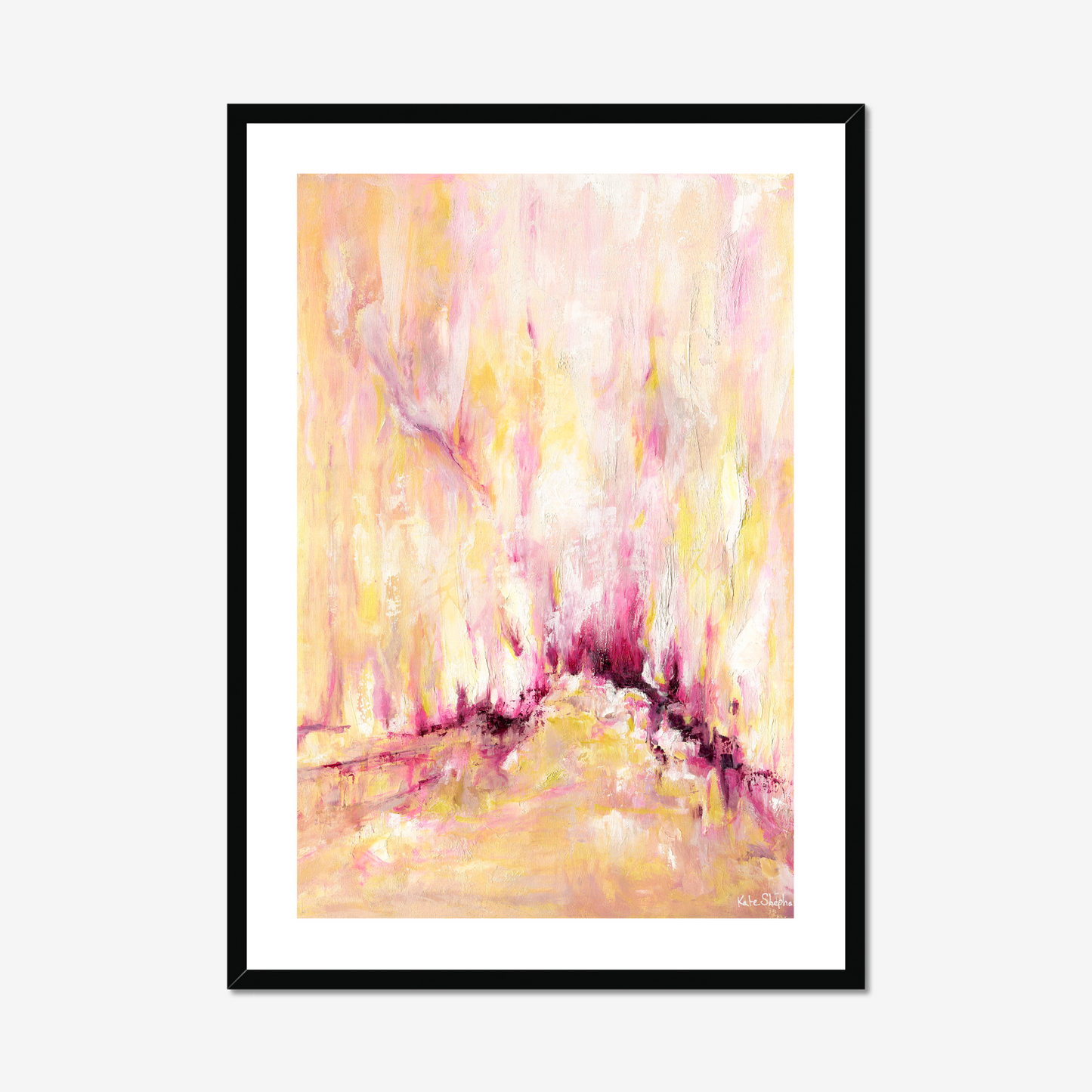 'Rising' - Pink and yellow abstract art print on archival paper, with expressive vertical brushwork in warm golden tones and deep magenta — inspirational wall art with real emotional depth, by Kate Shephard Art.