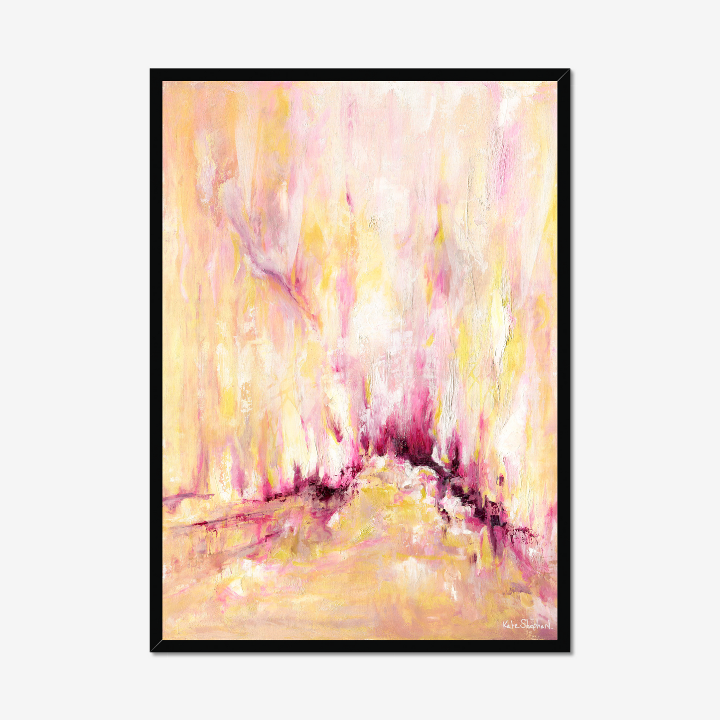 'Rising' - A large inspirational abstract art print on paper in warm golden yellow, soft blush pink and deep burgundy magenta — uplifting pink and yellow wall art for living rooms and bedrooms, by Kate Shephard Art.