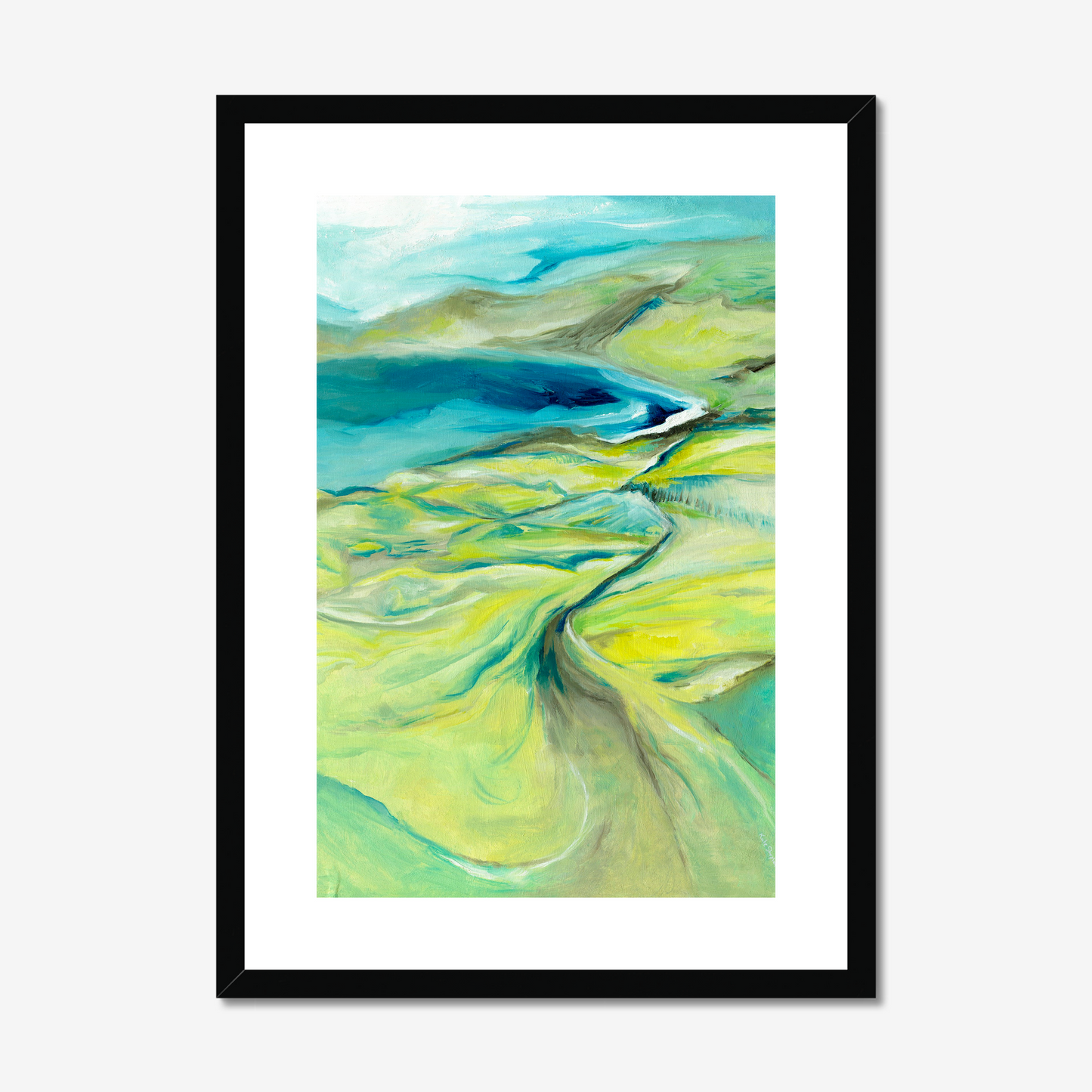 A2 size along the worbarrow path print by Kate Shephard in a black 
frame