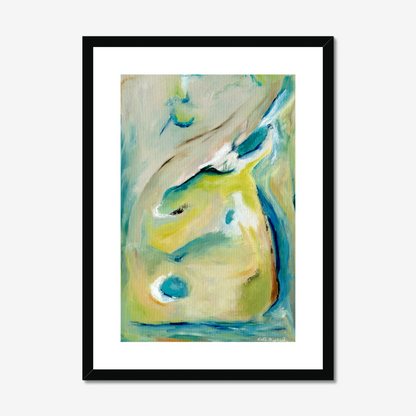 True Colours abstract art print inspired by peacocks by Kate Shephard Art in a black frame