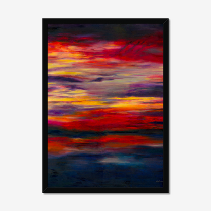 'Midnight Embers' - A dark abstract wall art fine art print in horizontal bands of burning red, orange and vivid yellow — dramatic sunset artwork for bold soulful contemporary homes, by Kate Shephard Art.