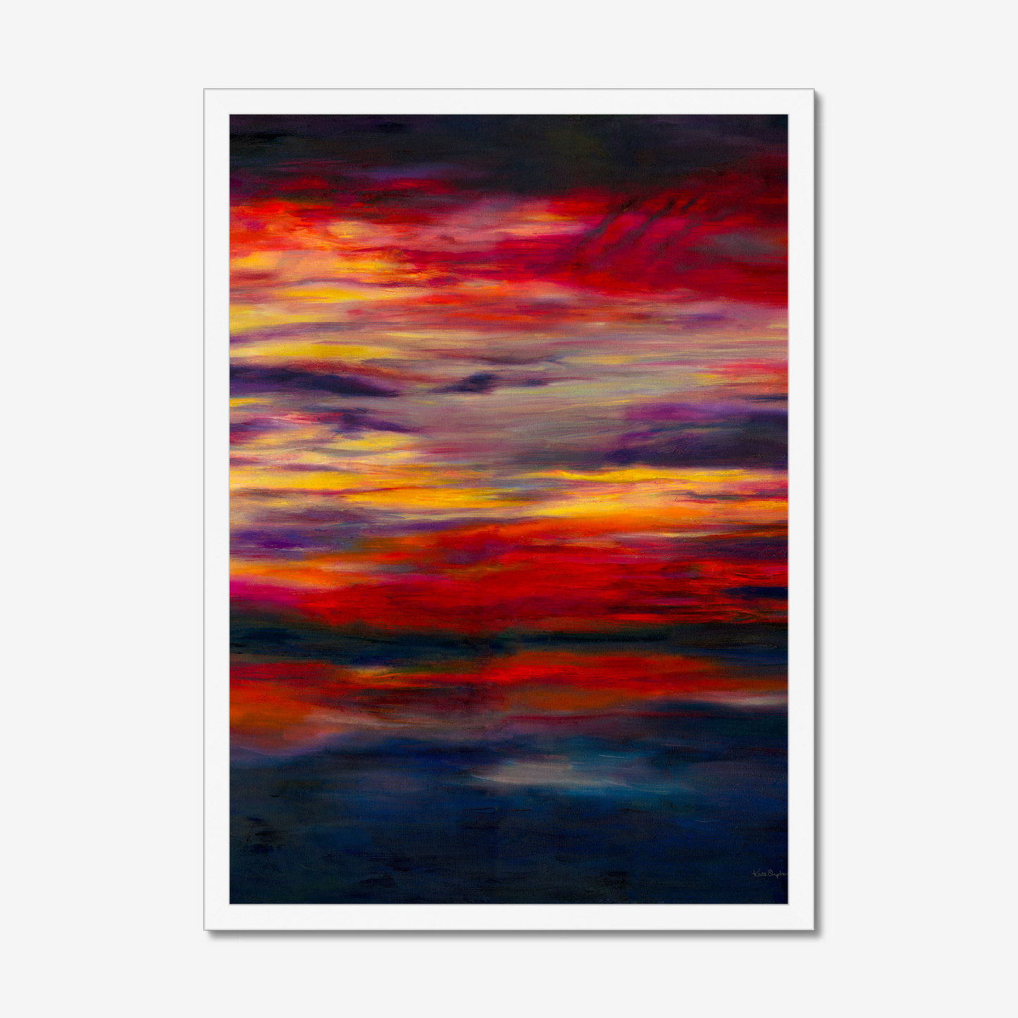 'Midnight Embers' - Dark abstract wall art fine art print in fiery reds and vivid yellow against deep navy charcoal — dramatic sunset artwork for living rooms and bedrooms, by Kate Shephard Art.
