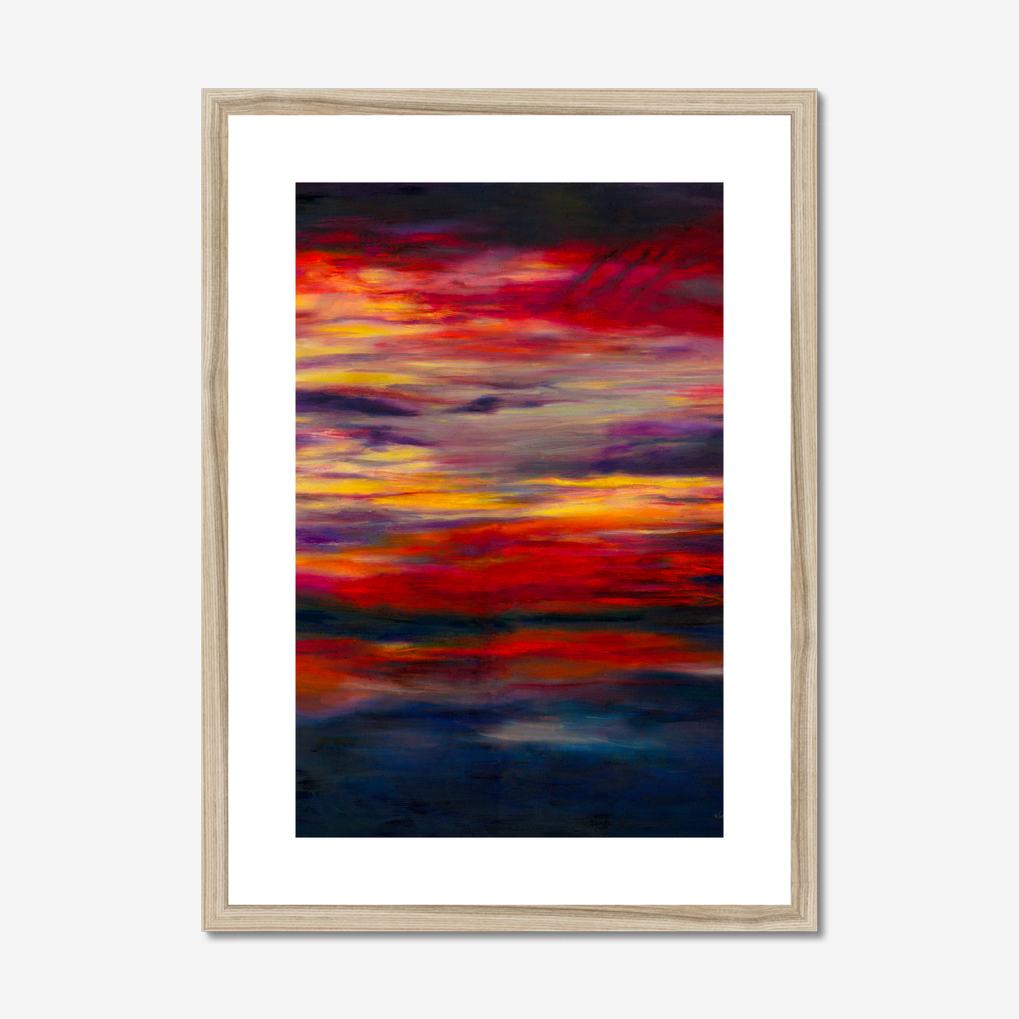 'Midnight Embers' - Dramatic sunset artwork in burning crimson and vivid yellow against deep navy — dark abstract wall art fine art print with real emotional power and presence, by Kate Shephard Art.