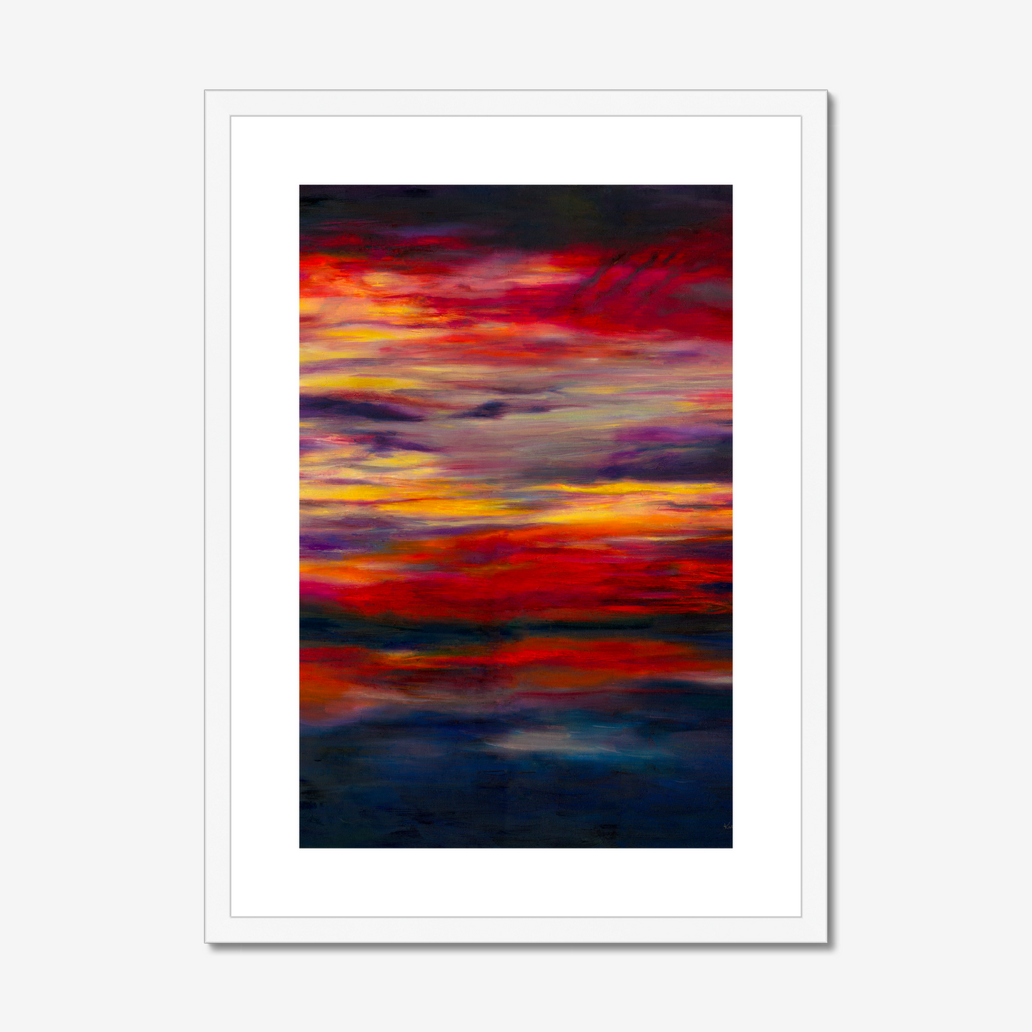 'Midnight Embers' - Dark abstract wall art fine art print in fiery reds and vivid yellow against deep navy charcoal — dramatic sunset artwork for living rooms and bedrooms, by Kate Shephard Art.