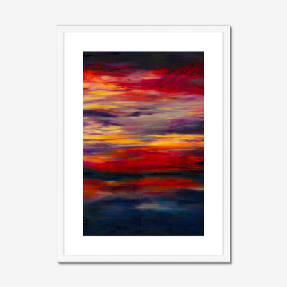 'Midnight Embers' - Dark abstract wall art fine art print in fiery reds and vivid yellow against deep navy charcoal — dramatic sunset artwork for living rooms and bedrooms, by Kate Shephard Art.