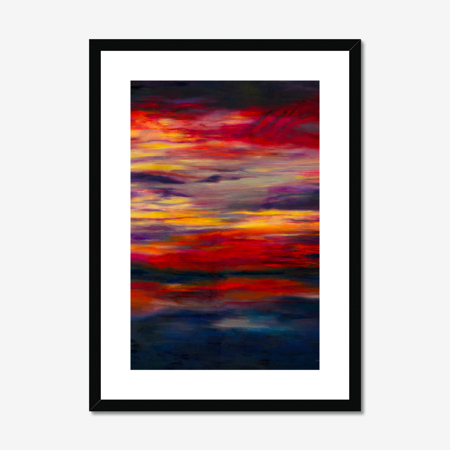 'Midnight Embers' - A dark abstract wall art fine art print in horizontal bands of burning red, orange and vivid yellow — dramatic sunset artwork for bold soulful contemporary homes, by Kate Shephard Art.