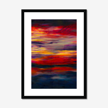 'Midnight Embers' - A dark abstract wall art fine art print in horizontal bands of burning red, orange and vivid yellow — dramatic sunset artwork for bold soulful contemporary homes, by Kate Shephard Art.
