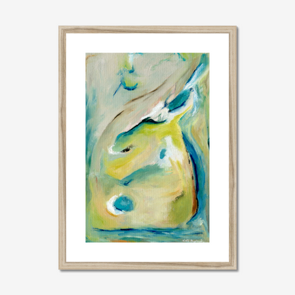 True Colours abstract art print inspired by peacocks by Kate Shephard Art in a natural wood frame