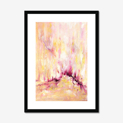 'Rising' - Pink and yellow abstract art print on archival paper, with expressive vertical brushwork in warm golden tones and deep magenta — inspirational wall art with real emotional depth, by Kate Shephard Art.