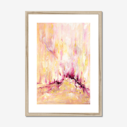 'Rising' - Pink and yellow abstract art print on archival paper, with expressive vertical brushwork in warm golden tones and deep magenta — inspirational wall art with real emotional depth, by Kate Shephard Art.