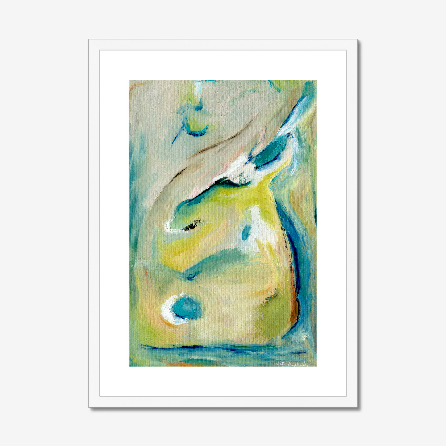 True Colours abstract art print inspired by peacocks by Kate Shephard Art in a white frame