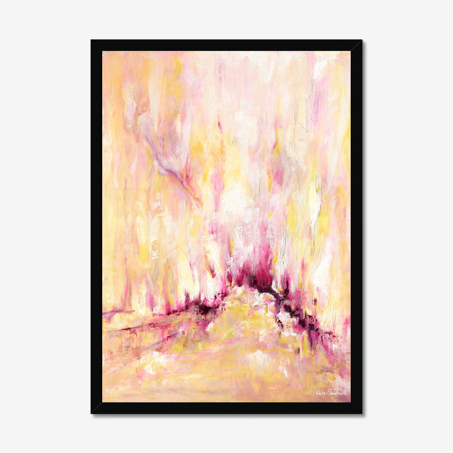 'Rising' - A large inspirational abstract art print on paper in warm golden yellow, soft blush pink and deep burgundy magenta — uplifting pink and yellow wall art for living rooms and bedrooms, by Kate Shephard Art.