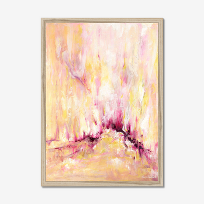 'Rising' - A large inspirational abstract art print on paper in warm golden yellow, soft blush pink and deep burgundy magenta — uplifting pink and yellow wall art for living rooms and bedrooms, by Kate Shephard Art.