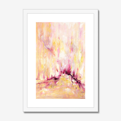 'Rising' - Pink and yellow abstract art print on archival paper, with expressive vertical brushwork in warm golden tones and deep magenta — inspirational wall art with real emotional depth, by Kate Shephard Art.