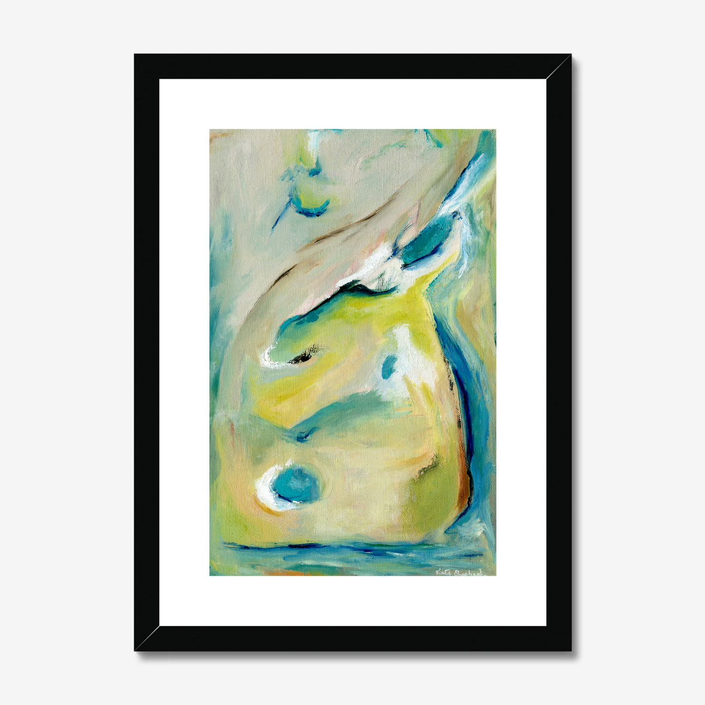 True Colours abstract art print inspired by peacocks by Kate Shephard Art in a black frame