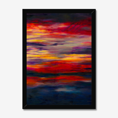 'Midnight Embers' - Dramatic sunset artwork in burning crimson and vivid yellow against deep navy — dark abstract wall art fine art print with real emotional power and presence, by Kate Shephard Art.