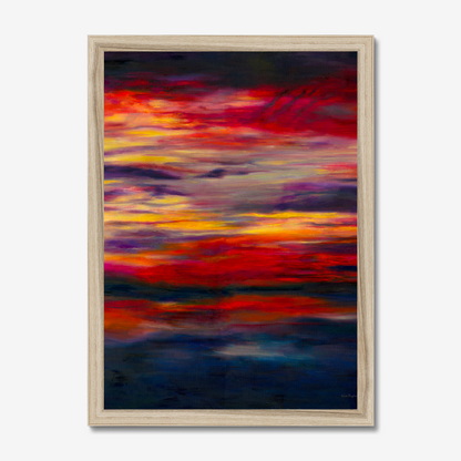 'Midnight Embers' - Dramatic sunset artwork in burning crimson and vivid yellow against deep navy — dark abstract wall art fine art print with real emotional power and presence, by Kate Shephard Art.