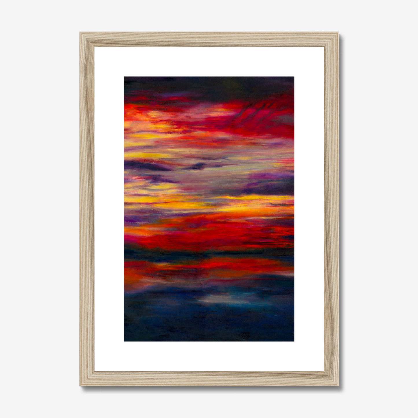 'Midnight Embers' - Dramatic sunset artwork in burning crimson and vivid yellow against deep navy — dark abstract wall art fine art print with real emotional power and presence, by Kate Shephard Art.