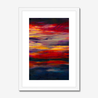 'Midnight Embers' - Dark abstract wall art fine art print in fiery reds and vivid yellow against deep navy charcoal — dramatic sunset artwork for living rooms and bedrooms, by Kate Shephard Art.