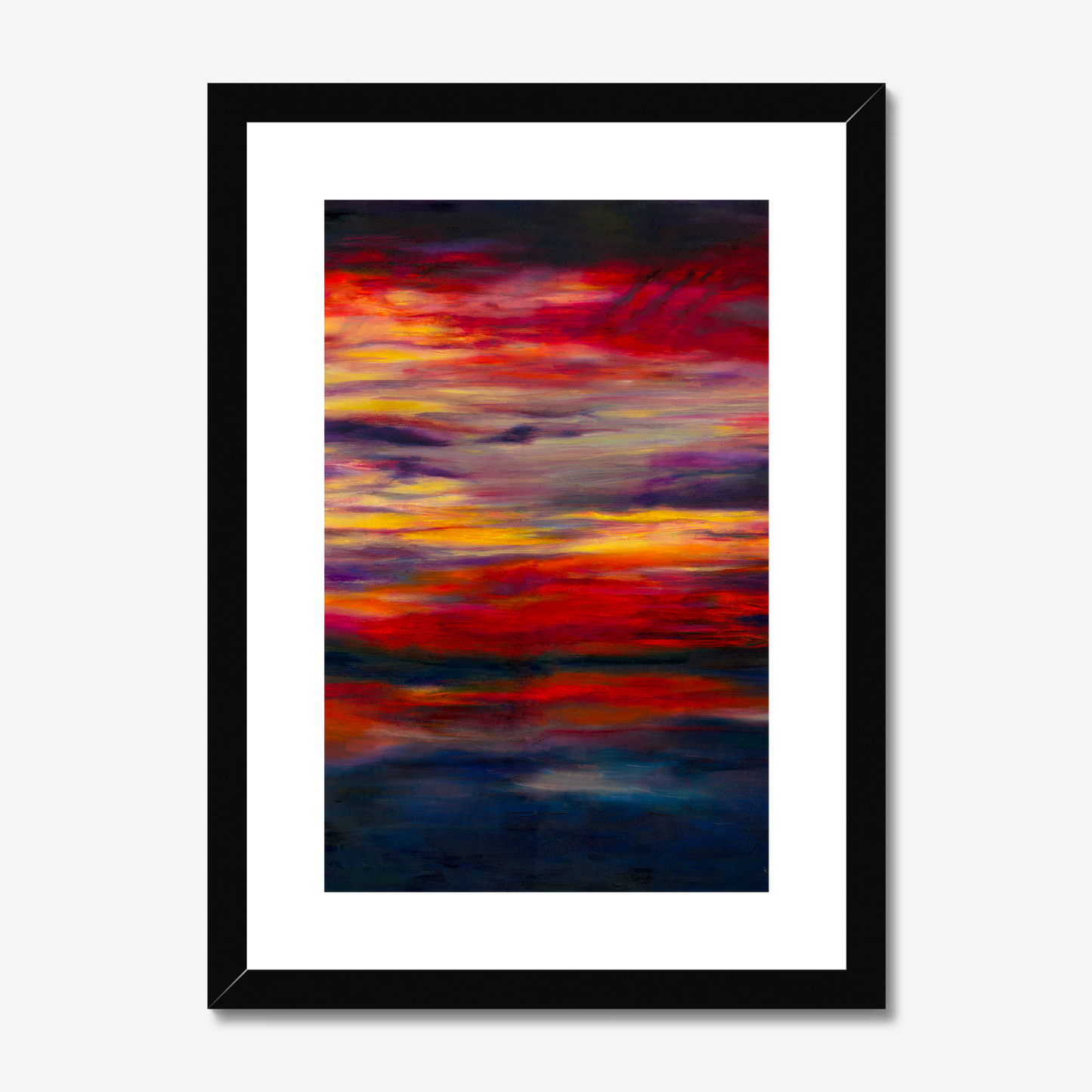 'Midnight Embers' - Dramatic sunset artwork in burning crimson and vivid yellow against deep navy — dark abstract wall art fine art print with real emotional power and presence, by Kate Shephard Art.
