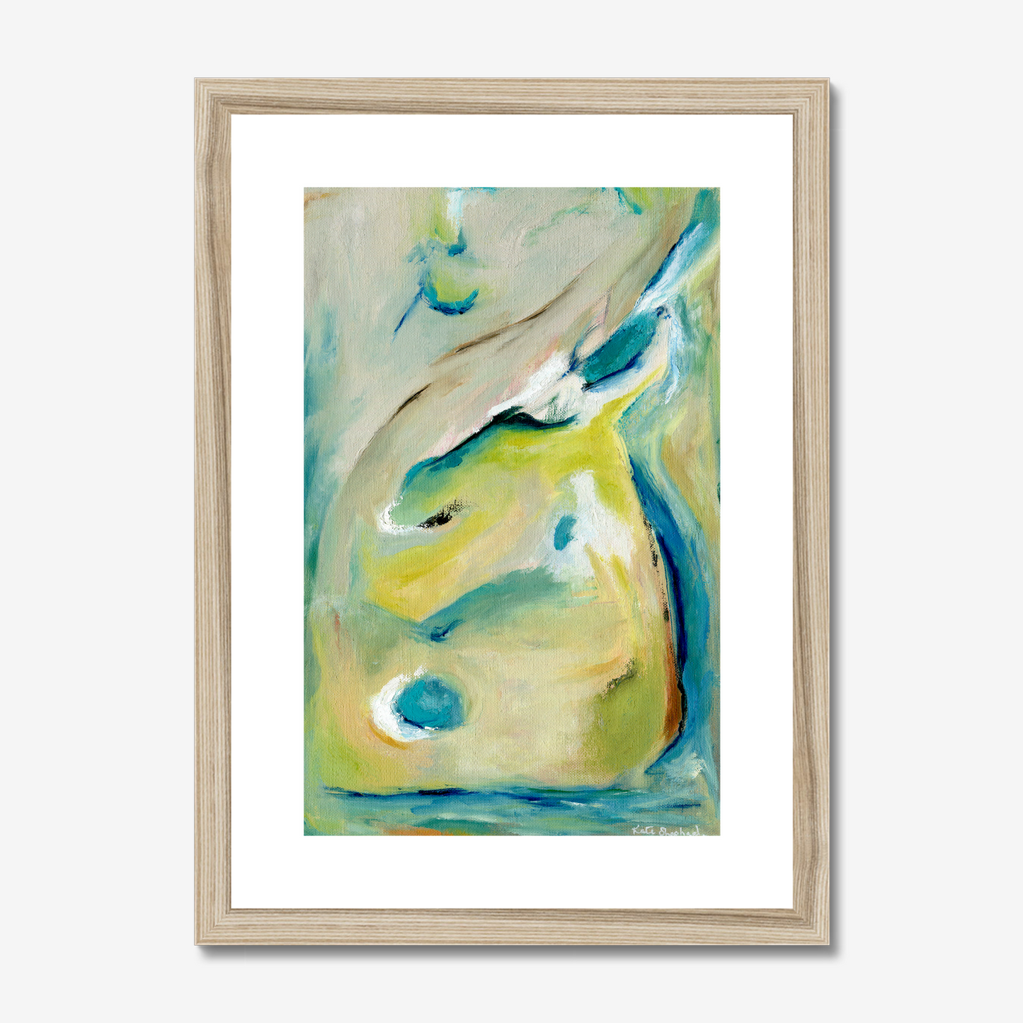 True Colours abstract art print inspired by peacocks by Kate Shephard Art in a natural wood frame