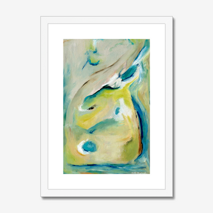 A3 True Colours abstract art print inspired by peacocks by Kate Shephard Art in a white frame