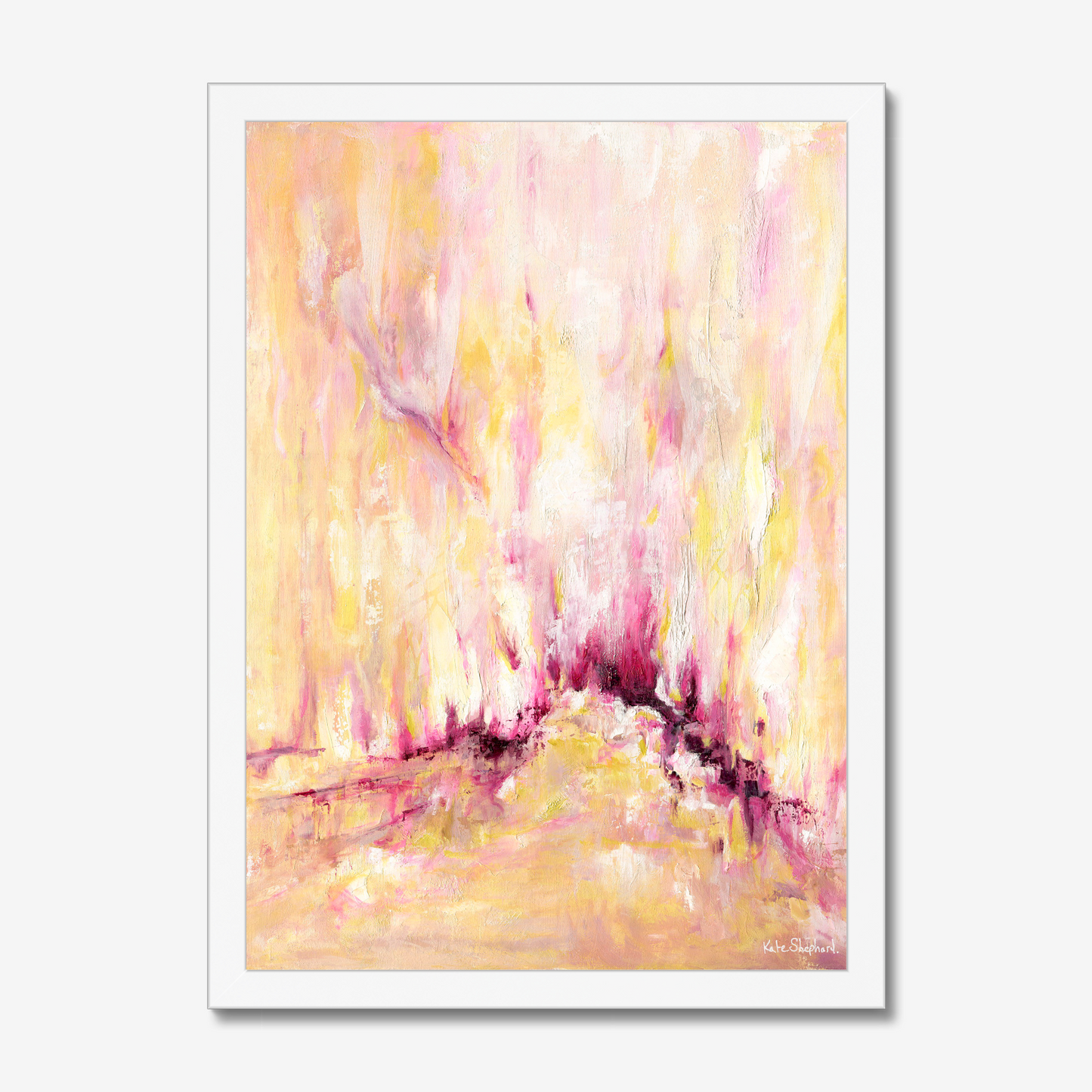 'Rising' - A large inspirational abstract art print on paper in warm golden yellow, soft blush pink and deep burgundy magenta — uplifting pink and yellow wall art for living rooms and bedrooms, by Kate Shephard Art.