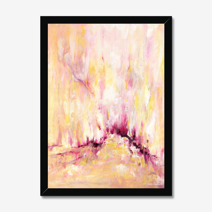 'Rising' - A large inspirational abstract art print on paper in warm golden yellow, soft blush pink and deep burgundy magenta — uplifting pink and yellow wall art for living rooms and bedrooms, by Kate Shephard Art.