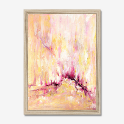 'Rising' - A large inspirational abstract art print on paper in warm golden yellow, soft blush pink and deep burgundy magenta — uplifting pink and yellow wall art for living rooms and bedrooms, by Kate Shephard Art.