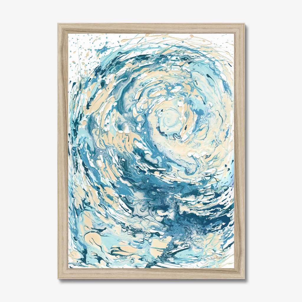 ‘Wave I’ - Coastal wall art print with swirling blues and creams, full of movement and energy.
