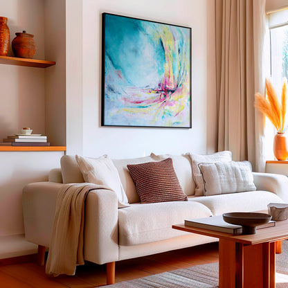'Caribbean Blue' - Blue wall art paper print by Kate Shephard, vibrant colourful abstract art in turquoise and pink.