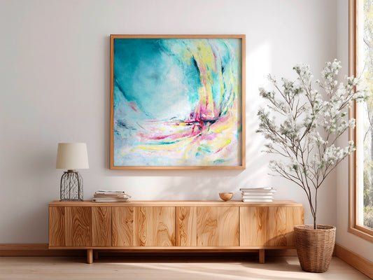 'Caribbean Blue' - Square format colourful abstract art fine art paper print in vibrant turquoise, pink and lime green tones.