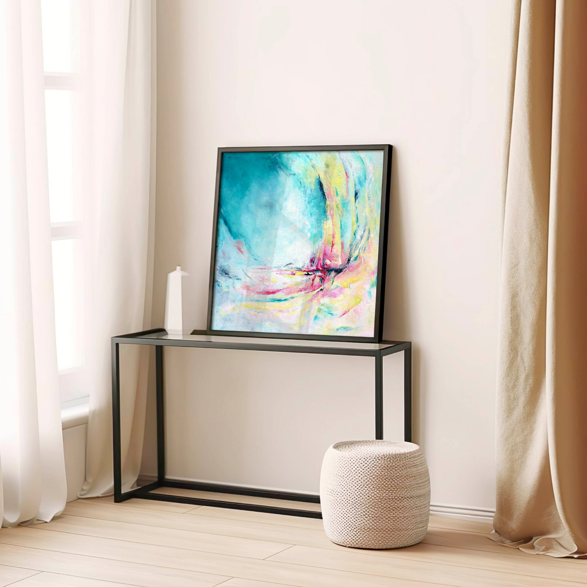 'Caribbean Blue' - Colourful abstract art hung above a sofa, vibrant teal and pink blue wall art fine art paper print for living room.
