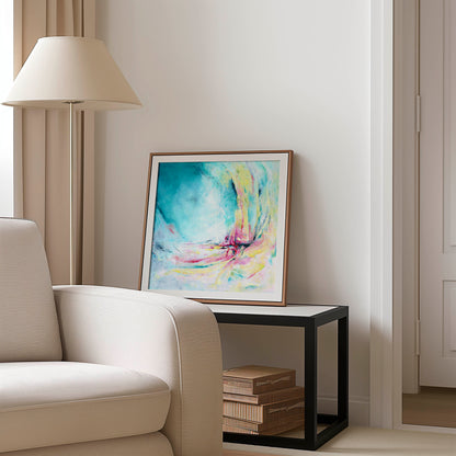 'Caribbean Blue' - Bold blue wall art paper print in luminous Caribbean turquoise, expressive colourful abstract art.