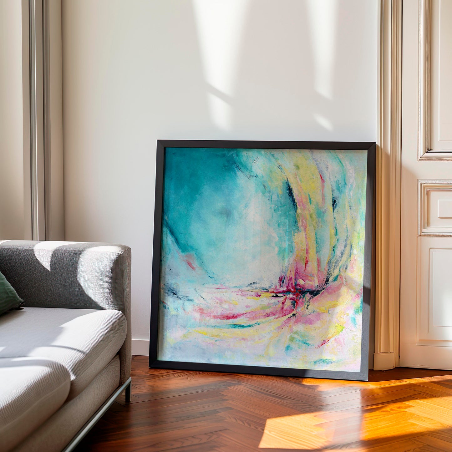'Caribbean Blue' - Joyful colourful abstract art in vibrant teal, pink and yellow tones, fine art paper print for bedroom.