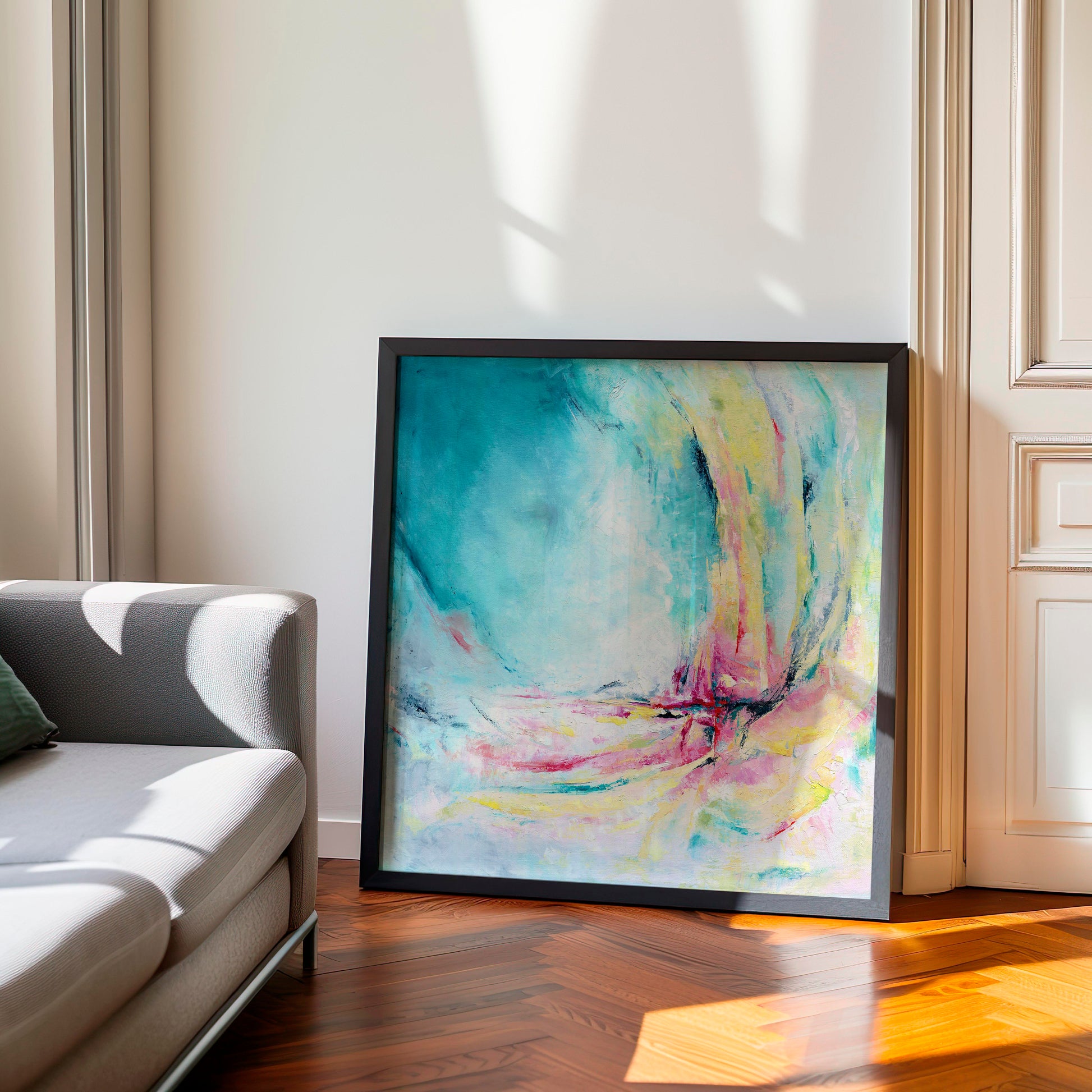 'Caribbean Blue' - Joyful colourful abstract art in vibrant teal, pink and yellow tones, fine art paper print for bedroom.