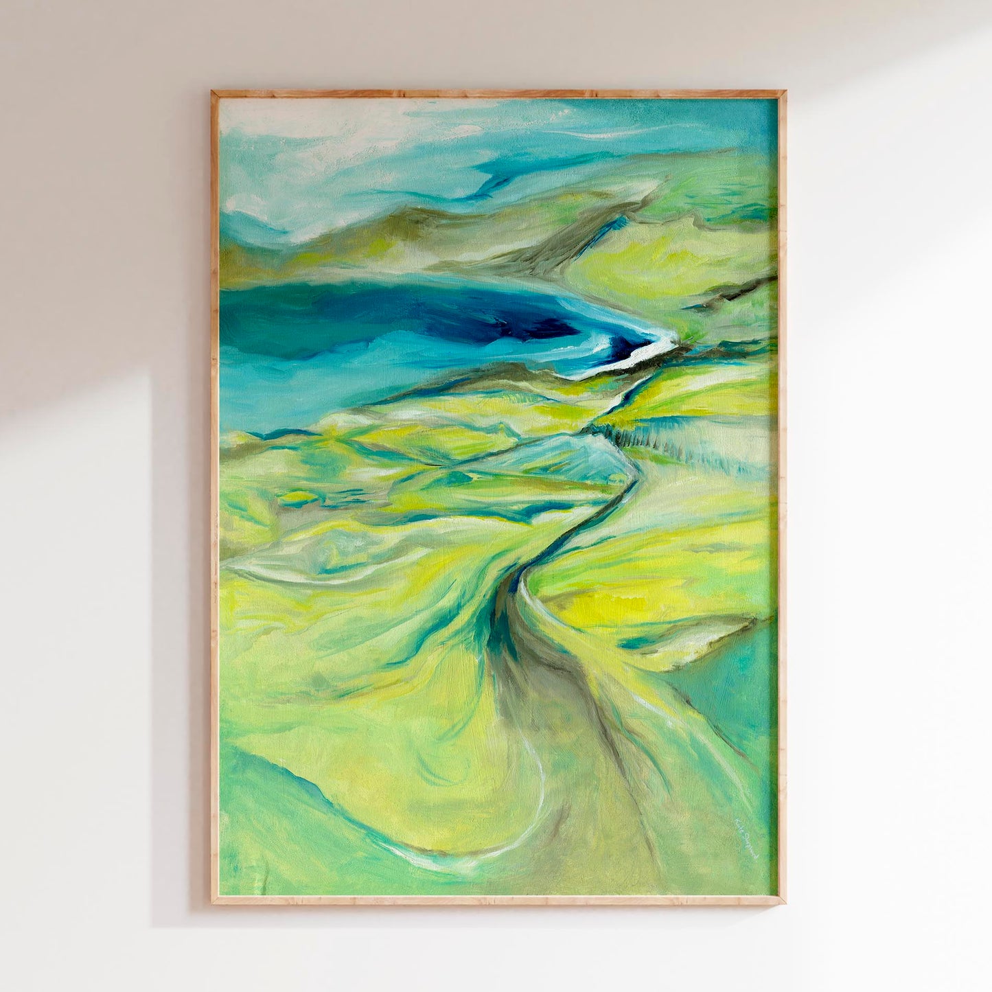Along the Worbarrow Path' - An expressive abstract coastal landscape canvas print in vibrant lime green, chartreuse and turquoise — oil painting capturing the anticipation and wonder of walking the South West Coast Path to Worbarrow Bay, Dorset, by Kate Shephard Art.