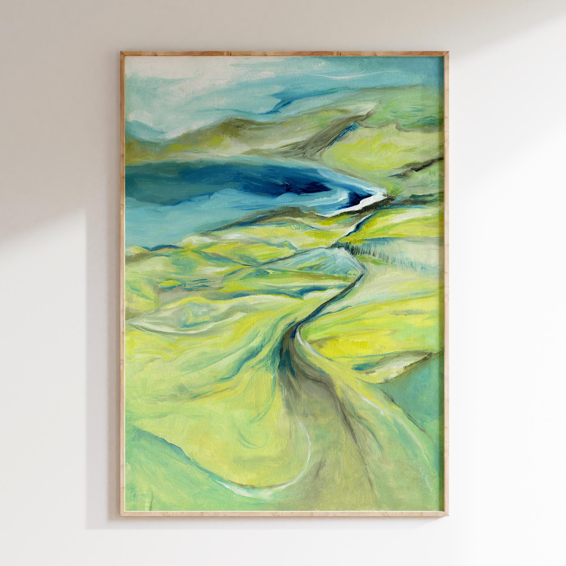 Along the Worbarrow Path' - An expressive abstract coastal landscape canvas print in vibrant lime green, chartreuse and turquoise — oil painting capturing the anticipation and wonder of walking the South West Coast Path to Worbarrow Bay, Dorset, by Kate Shephard Art.