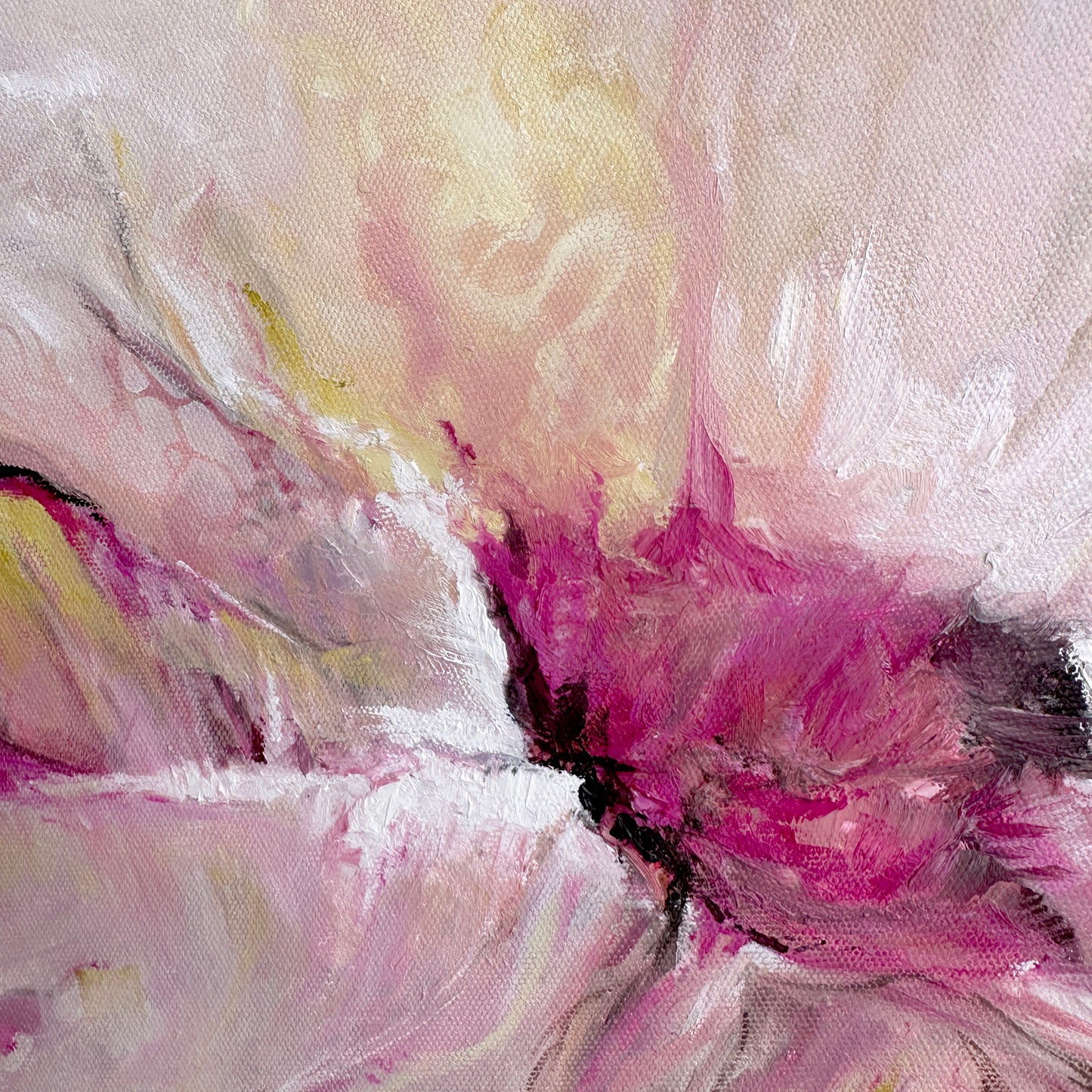 'Becoming' - Pink and yellow floral art original oil painting with layered expressive brushwork — abstract flower art painting in a white float frame, beautiful flower wall decor for any interior, by Kate Shephard Art.