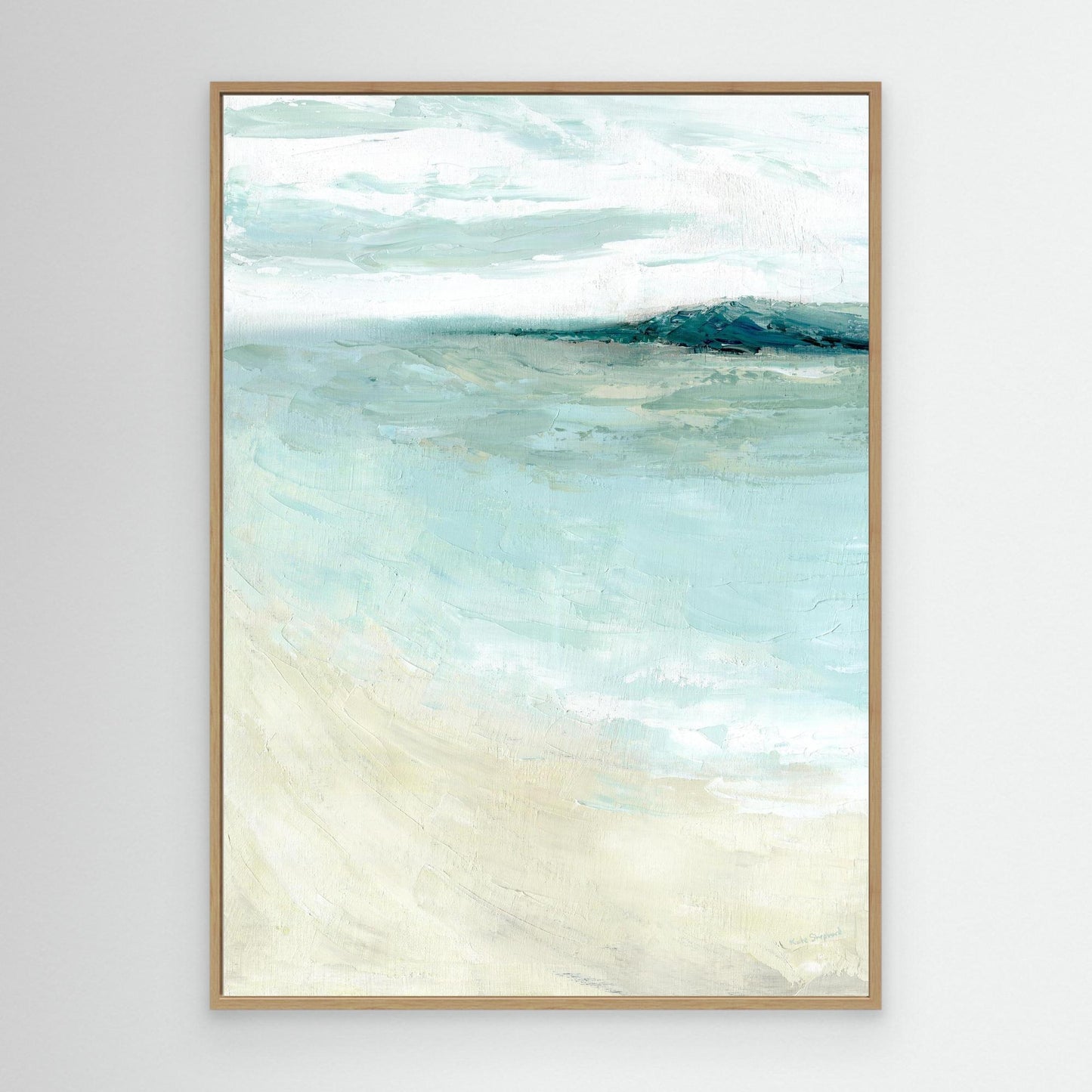 'Bramble Bush Bay Shores' - Abstract seascape art canvas print in soft sandy creams, duck egg blue and teal, coastal wall art for living room or bedroom. Displayed in an oak canvas frame. 
