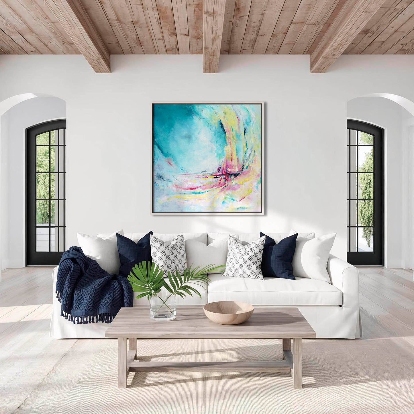 'Caribbean Blue' - Summer artwork abstract canvas print in vibrant turquoise, hot pink and warm yellow, joyful wall art for living room or bedroom.