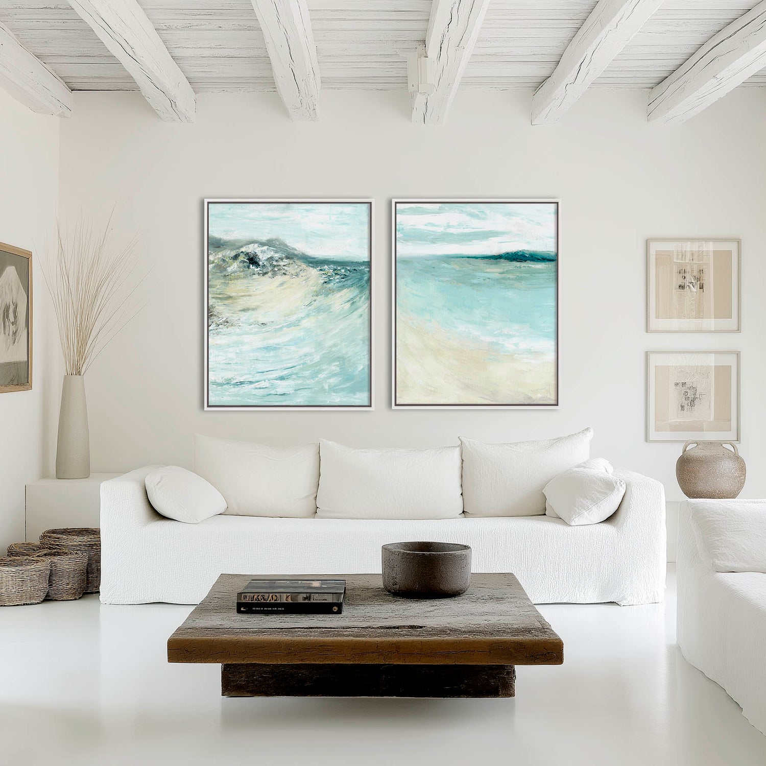 'Coastal Calm' - Framed set of 2 prints featuring 'Beyond The Shore' and 'Bramble Bush Bay Shores', Dorset coastal wall art.