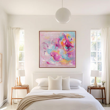 'Joy Looks Good On You' - An energetic abstract artwork on canvas in bright pink, soft blue and warm peach — colourful art print full of joyful movement and light, by Kate Shephard Art.